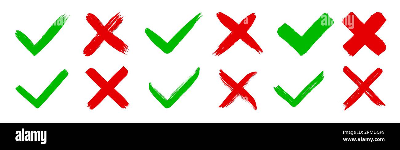 Mark X And V In Check Box. Green Hooks, Red Crosses. Yes No Icons For  Websites Or Applications, Highlight Selection. Right Wrong Signs Isolated  On White. Red Cross, Green Tick Vector Set