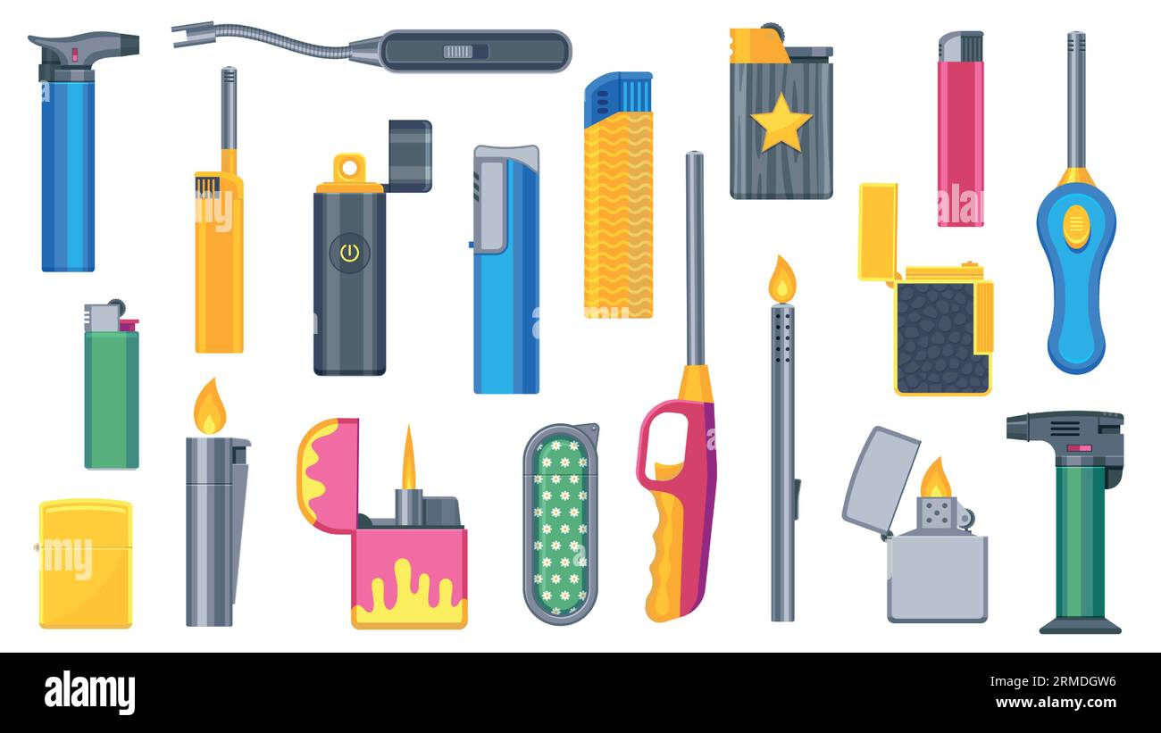 Lighters set. Cartoon disposable and reusable lighters icons, flammable