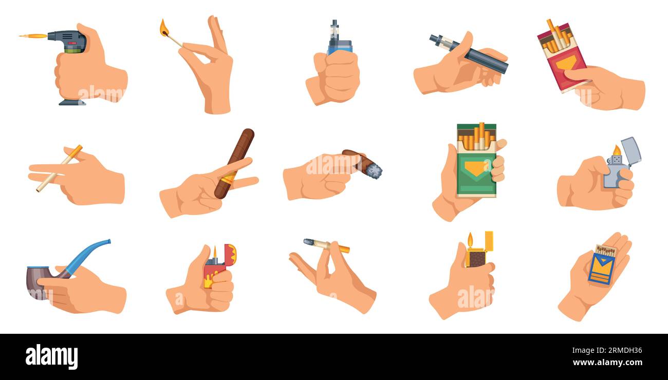 Hands with cigarettes. Cartoon men and women holding e-cigarette devices, modern electronic cigarette concept with vape liquid and vapor. Vector flat Stock Vector