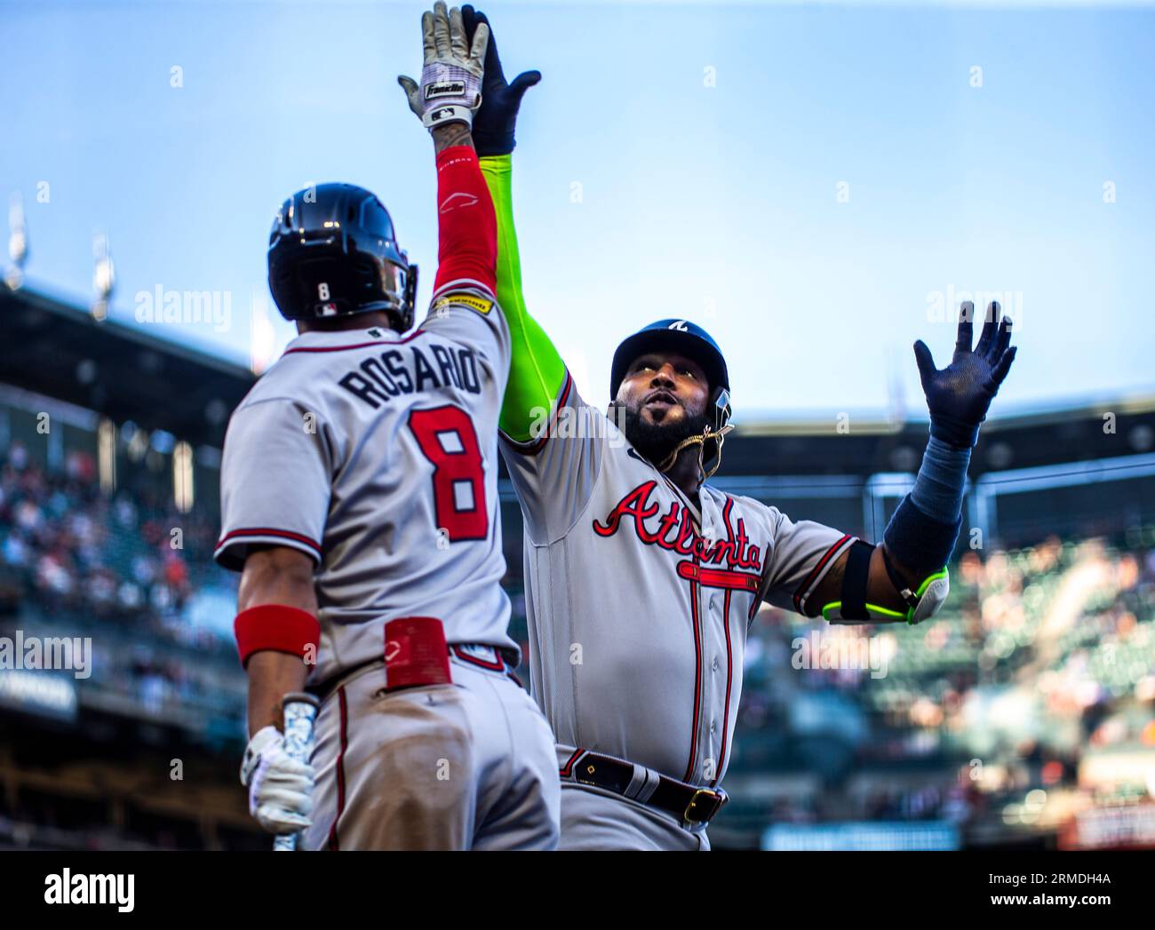August 27 2023 San Francisco CA, U.S.A. Atlanta designated hitter Marcell  Ozuna (20)hammers a two run home run, celebrates with teammate left fielder  Eddie Rosario (8)during the MLB game between the Atlanta