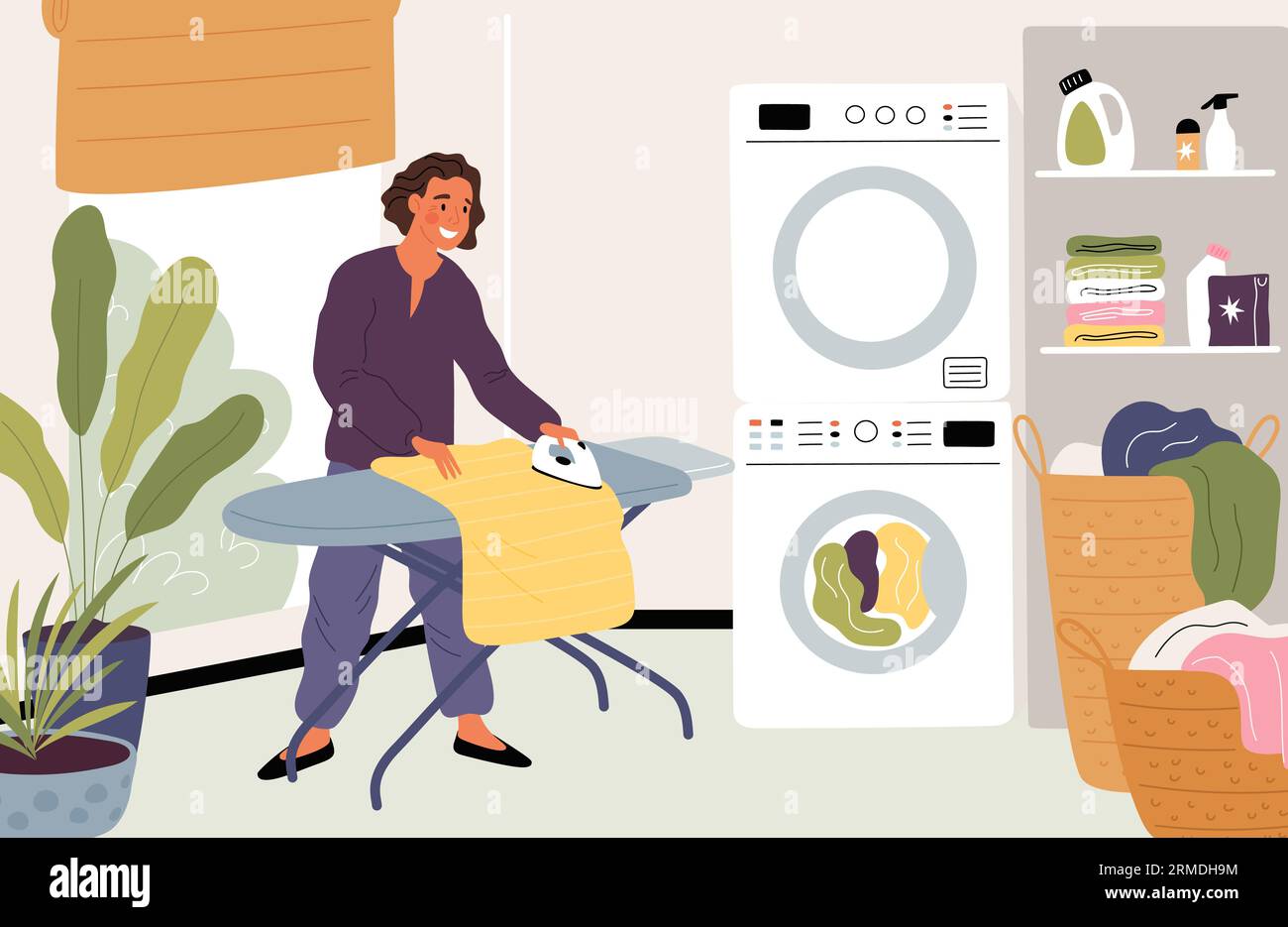 Cartoon woman irons clothes at home. People take care of textiles