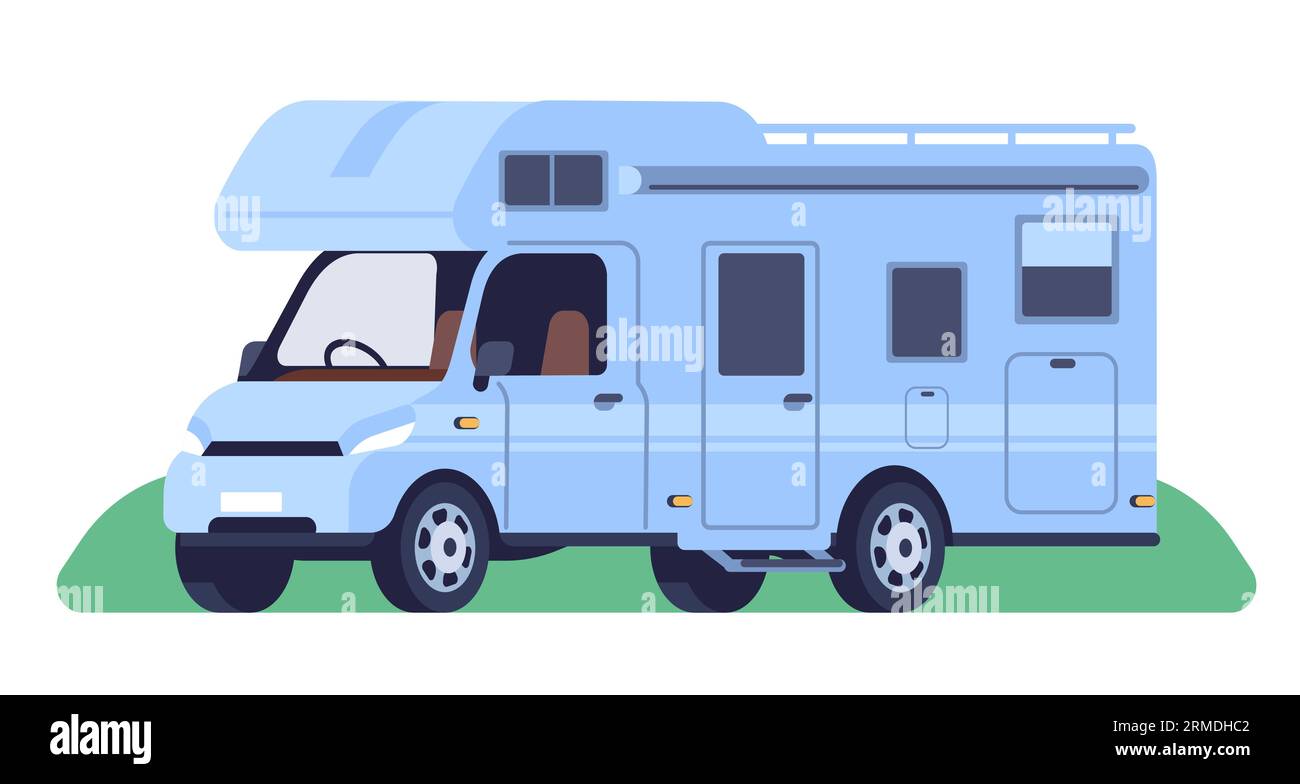 Caravan camper. Motor home on wheels. Automobile camping van. Transport for summer vacation. Tourist transportation by roads. Car trailer. Driving Stock Vector