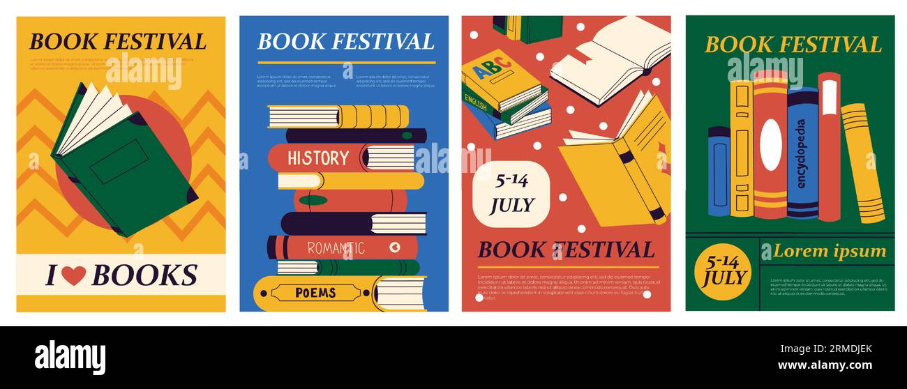 Books posters. Abstract modern covers of fiction and education genre, book festival banners. Summer magazine design vector concept Stock Vector