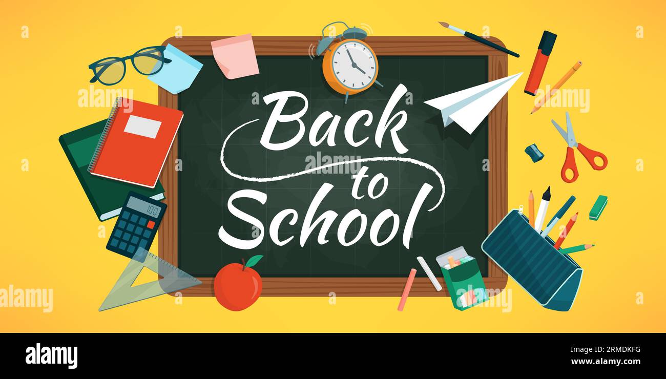 Back to school and education banner with chalkboard and school equipment Stock Vector
