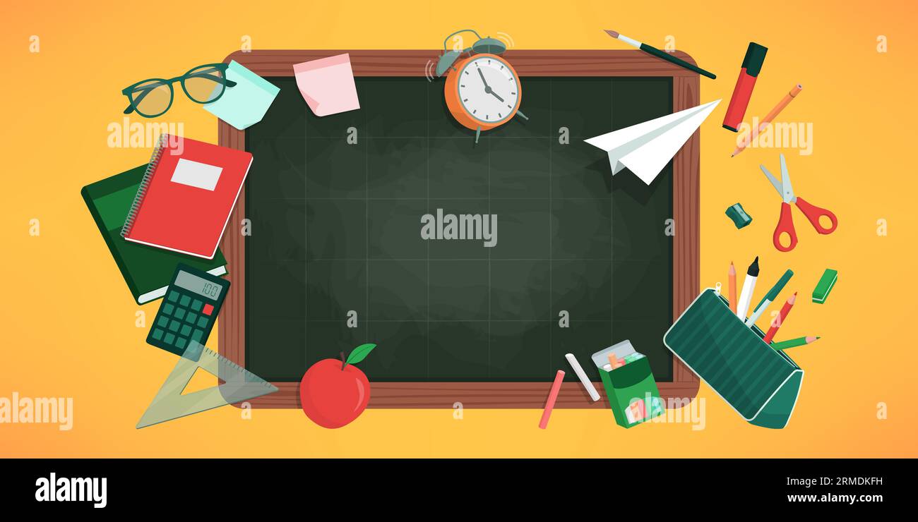 Back to school and education banner with chalkboard and school equipment Stock Vector