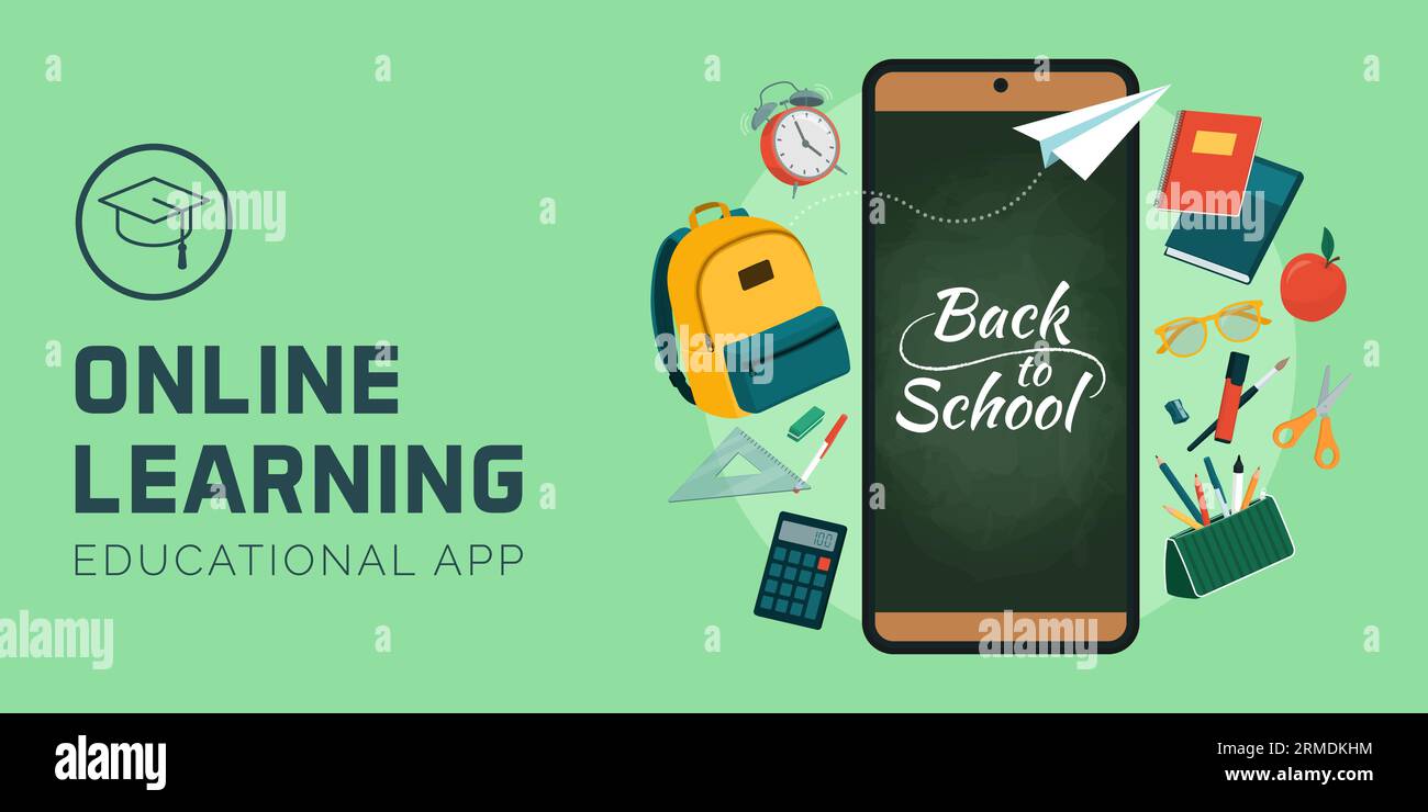 Online learning application on smartphone and school equipment, banner with copy space Stock Vector