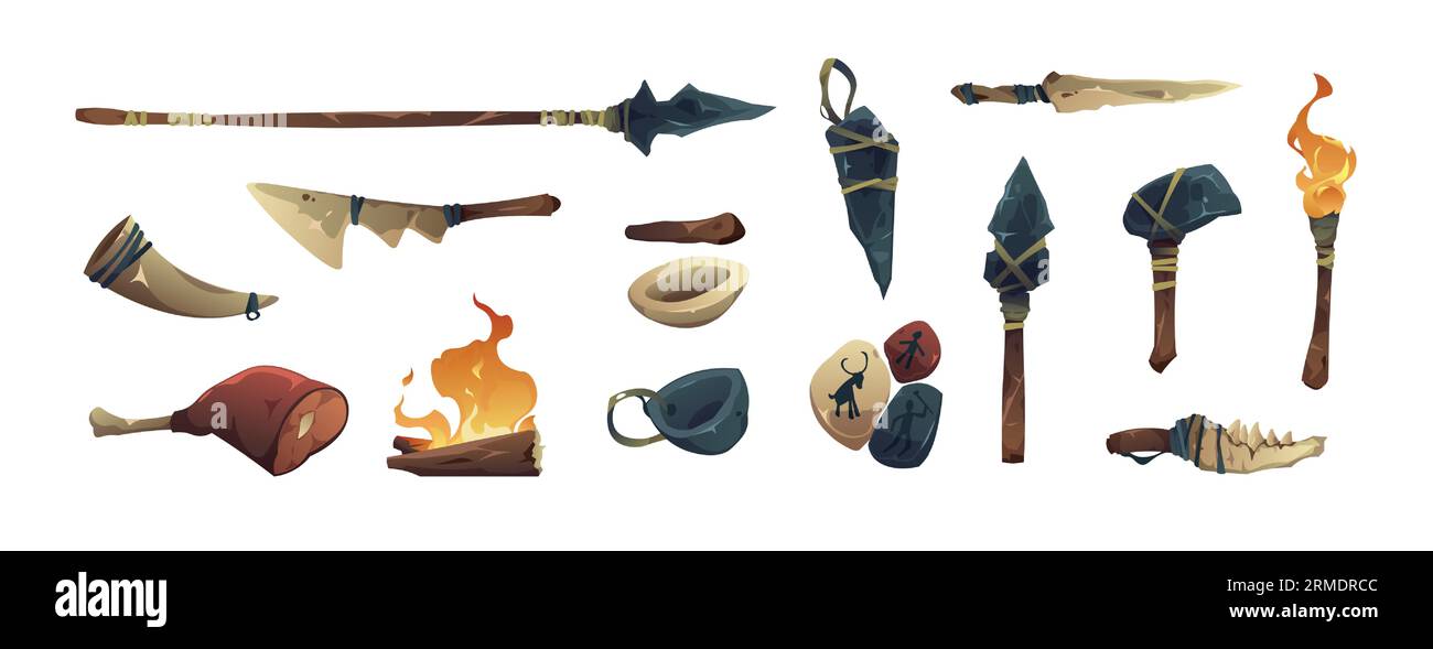 https://c8.alamy.com/comp/2RMDRCC/primitive-tools-ancient-stone-knife-and-sharp-barbarian-rock-stick-prehistoric-flat-weapon-and-tool-icons-age-civilization-and-evolution-symbols-2RMDRCC.jpg