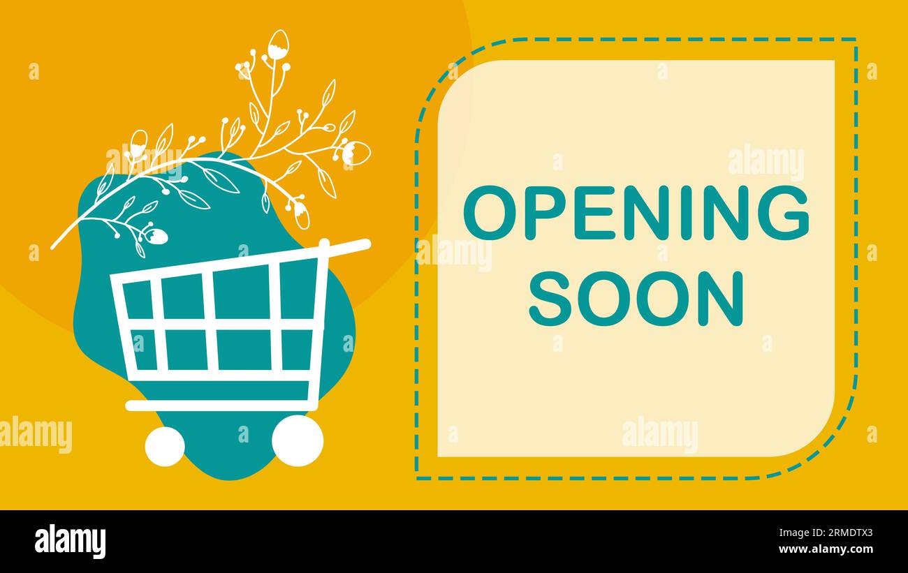 Opening Soon Shopping Cart Yellow Turquoise Floral Text Stock Photo
