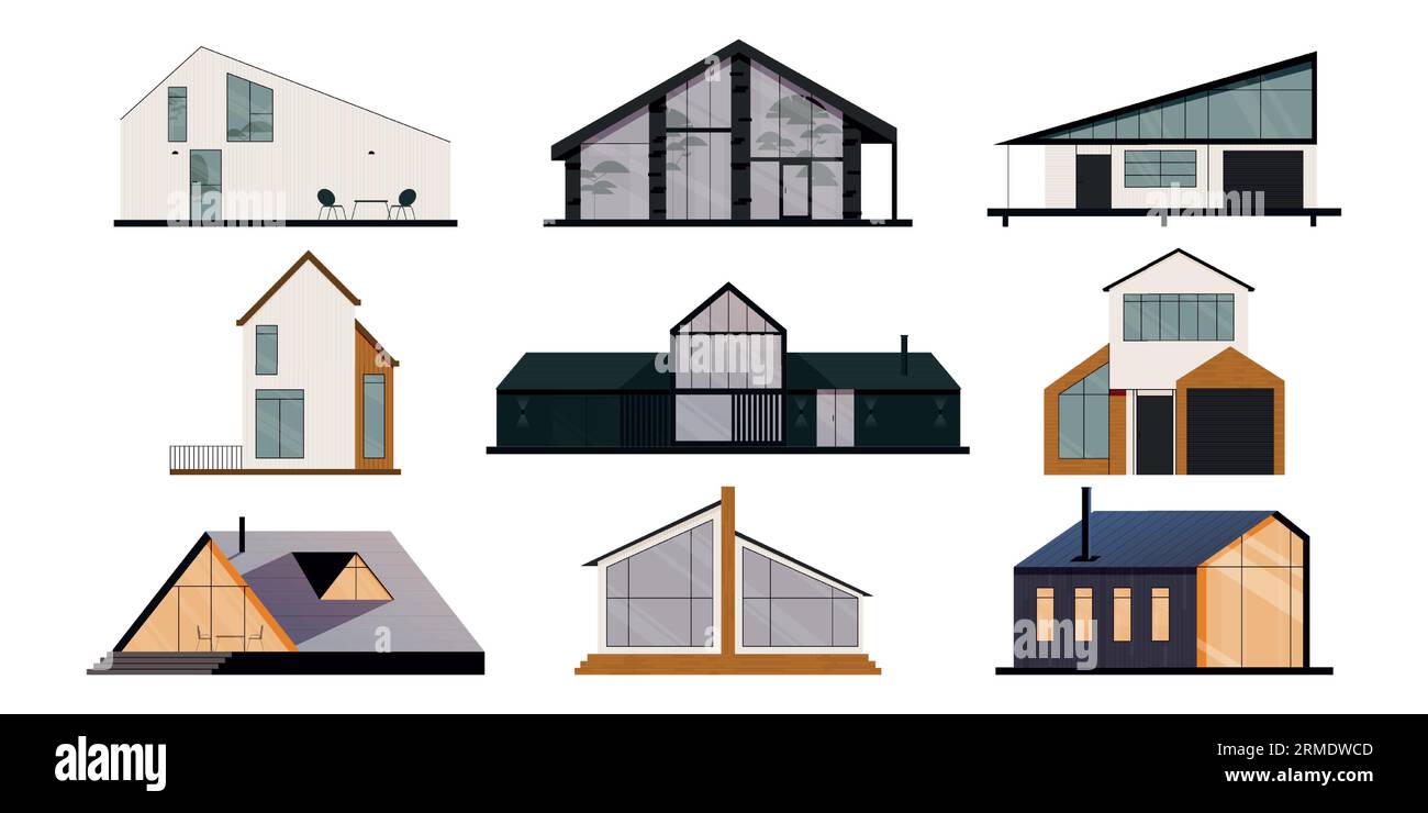 Modern houses. Cartoon cottage and villa, modern residential buildings with garage and porch, flat country estate with terrace. Vector isolated set Stock Vector
