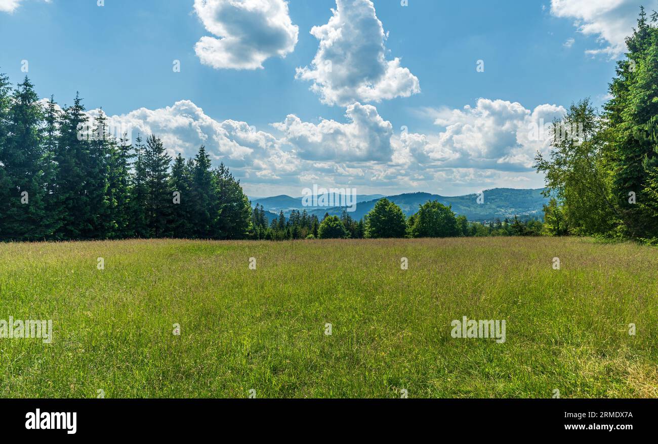 View from Stecowka in Beskid Slaski mountains in Poland during beautiful springtime day Stock Photo