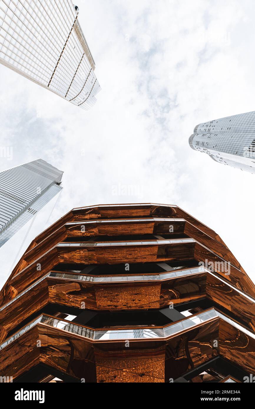 Shiny Building Hudson Yards Vessel in New York during sunny day Stock Photo