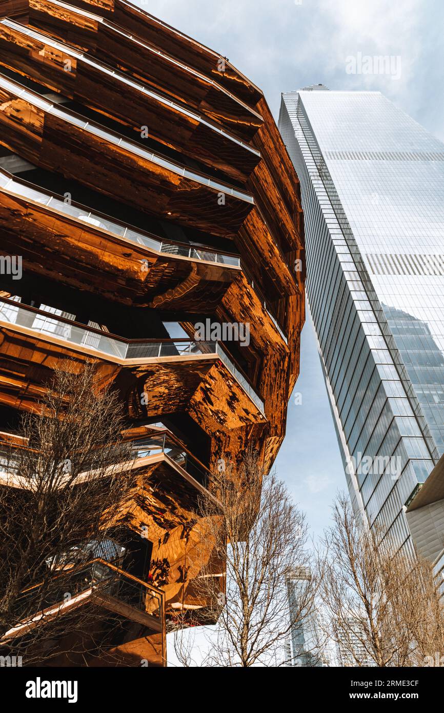 Shiny Building Hudson Yards Vessel in New York during sunny day Stock Photo