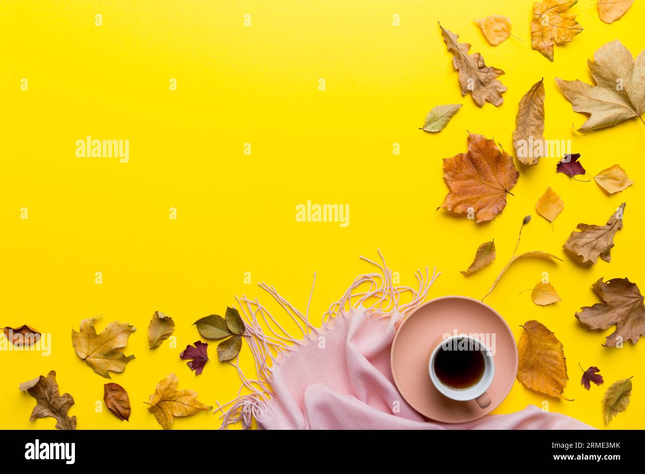 Flat lay composition with colorful Autumn cup of coffee and leaves on a ...