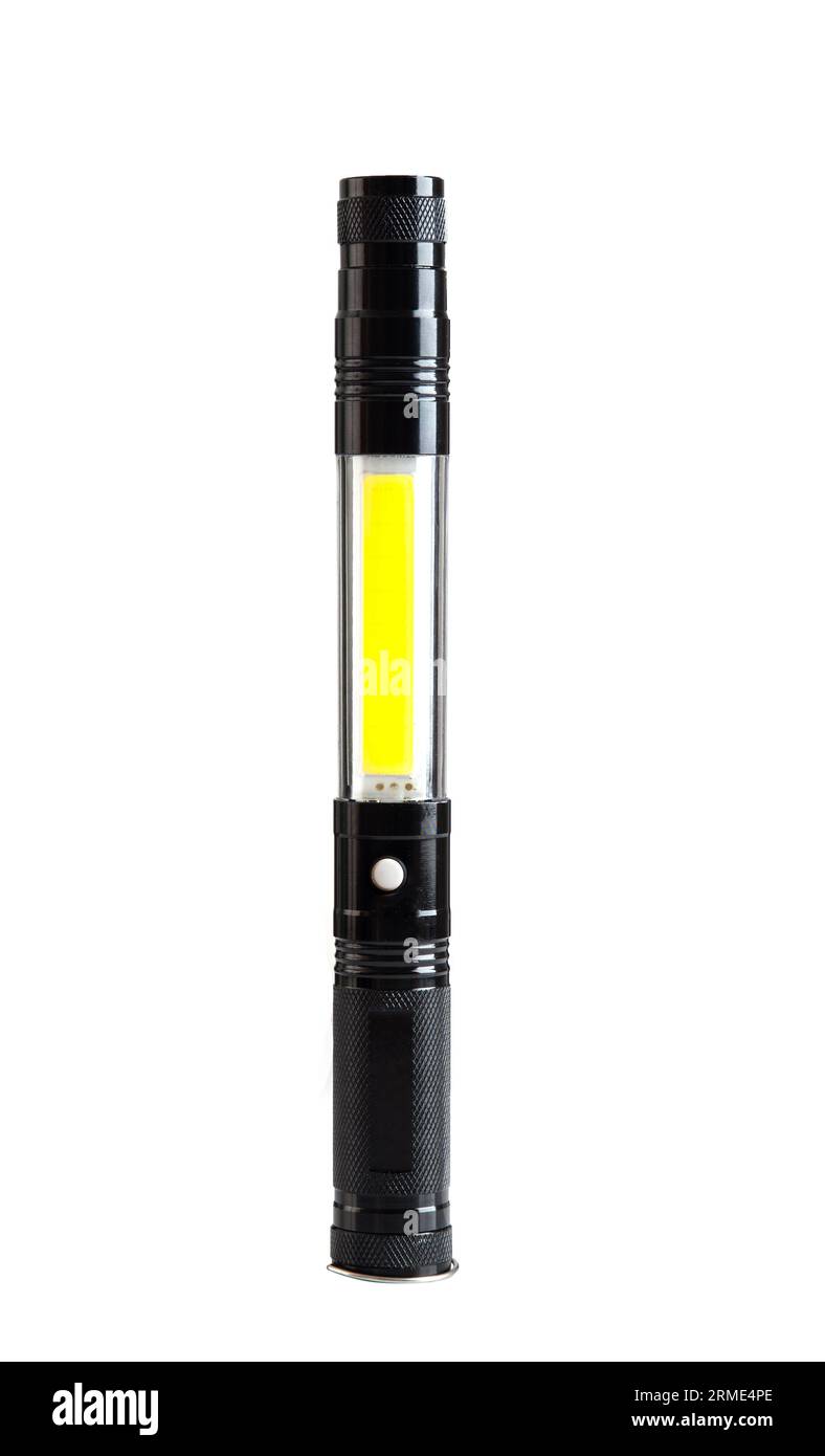 Мodern black metal LED flashlight isolated on white background. Lighting fixture Stock Photo