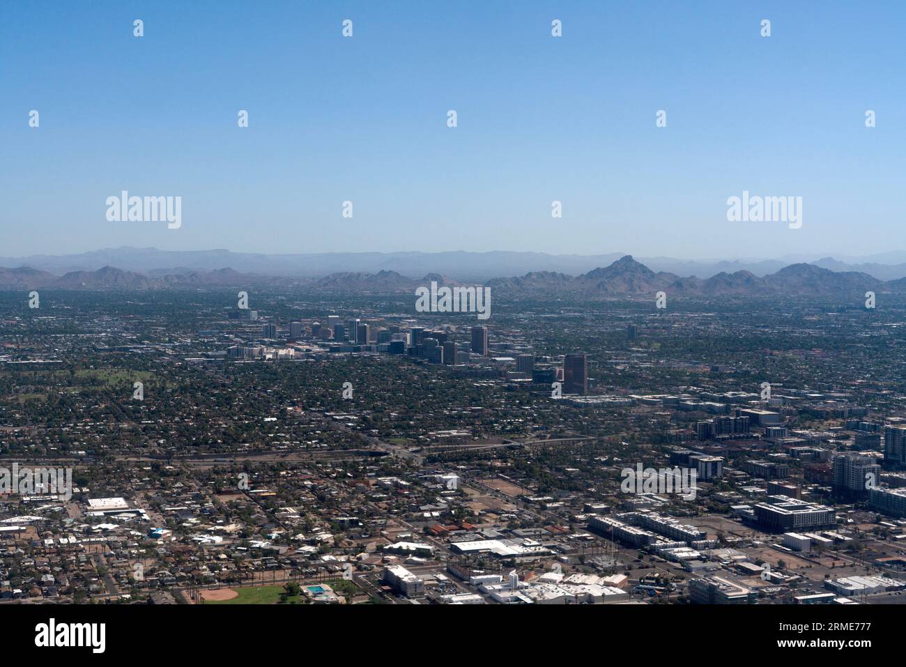 Downtown Phoenix, AZ viewed from high altitude distance Stock Photo