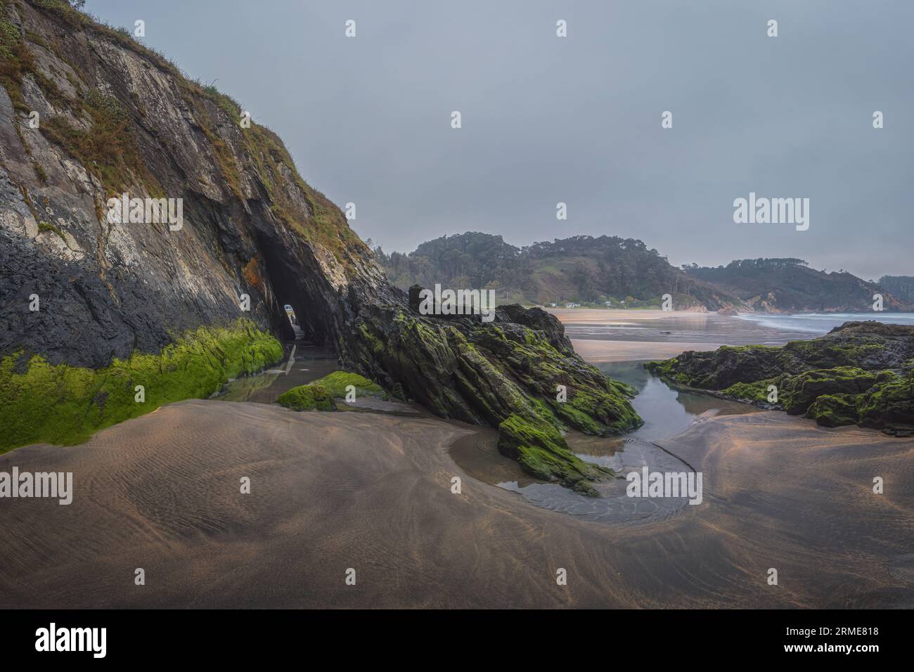 Reflections and moss on the beach of Otur, Asturian coast. Stock Photo