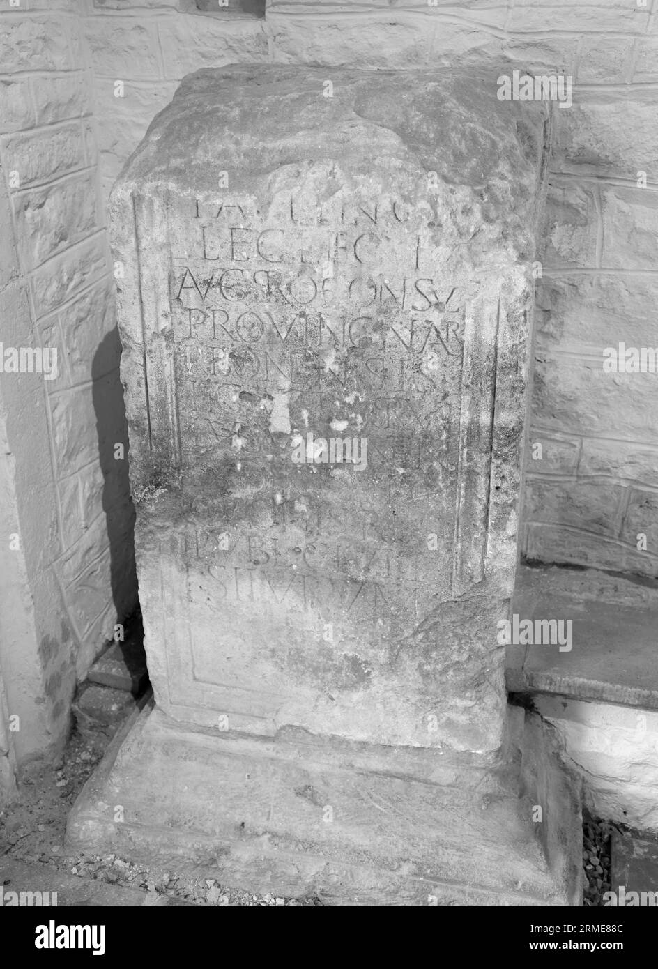 The Paulinus stone, Roman remains,Church of St Steven & St Tathan, Caerwent village, Monmouthshire, South Wales Stock Photo