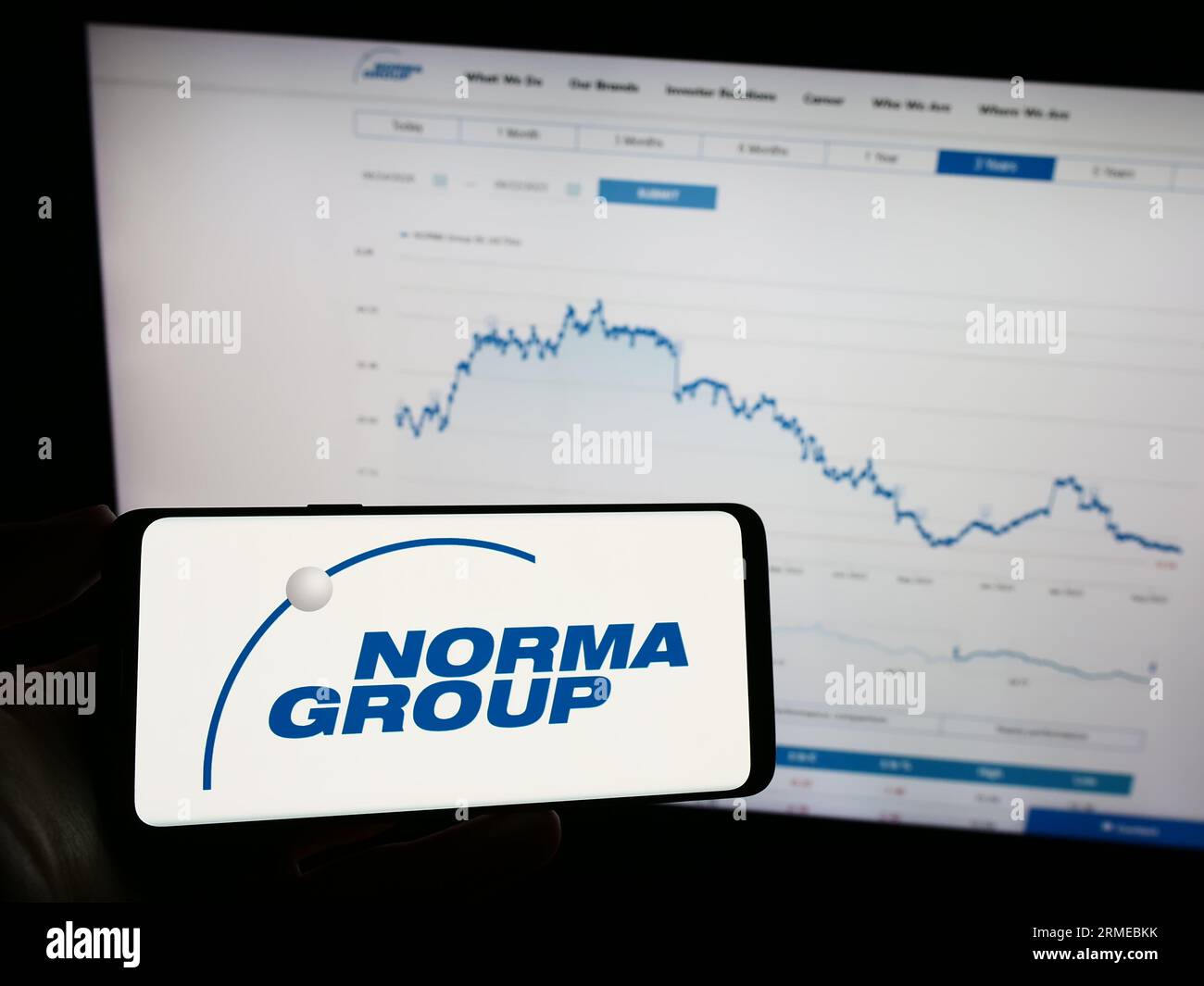 Person holding mobile phone with logo of German manufacturing company Norma Group SE on screen in front of web page. Focus on phone display. Stock Photo