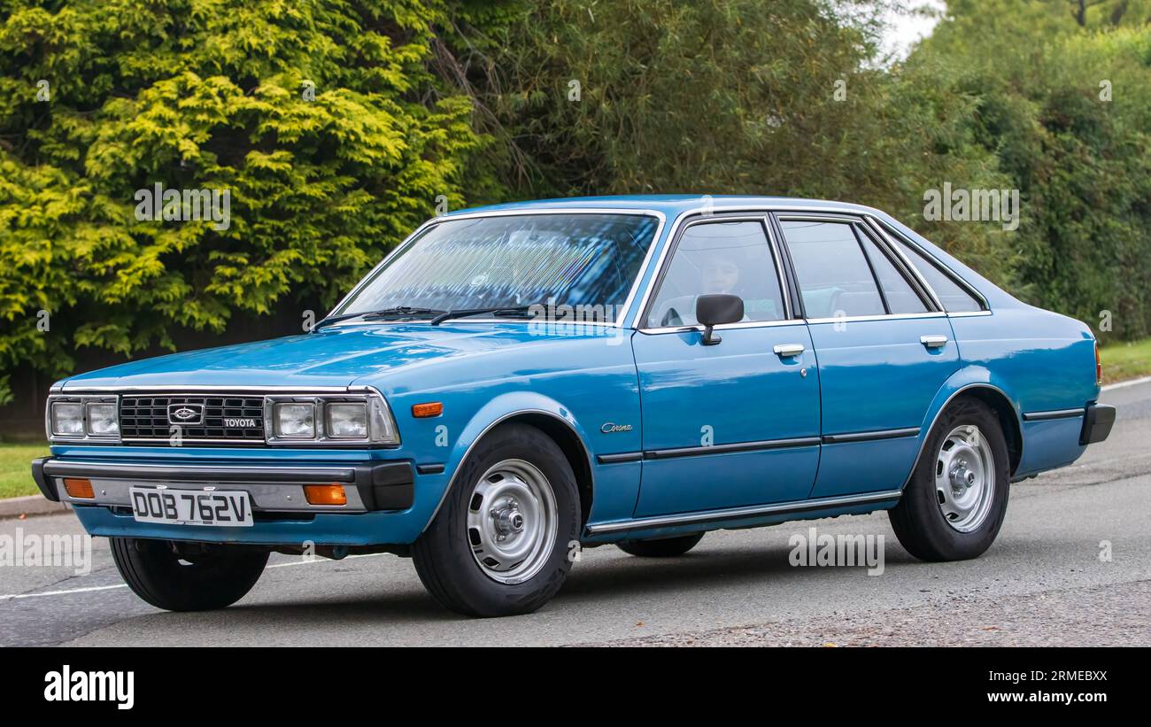Whittlebury,Northants,UK -Aug 26th 2023: 1979 blue Toyota Corolla car travelling on an English country road Stock Photo