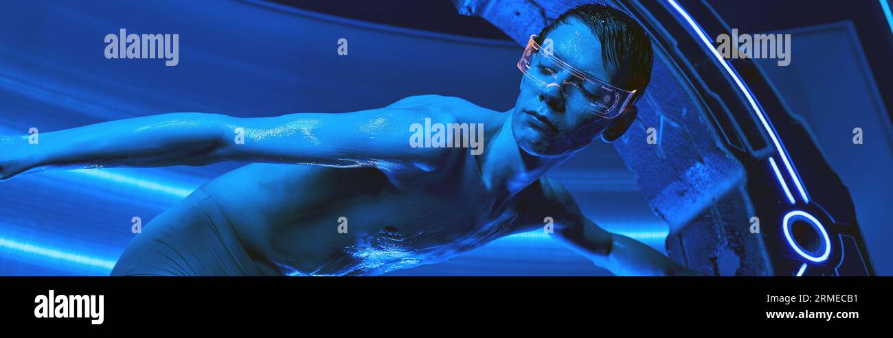 otherworldly creature, alien in goggles near experimental device in ...