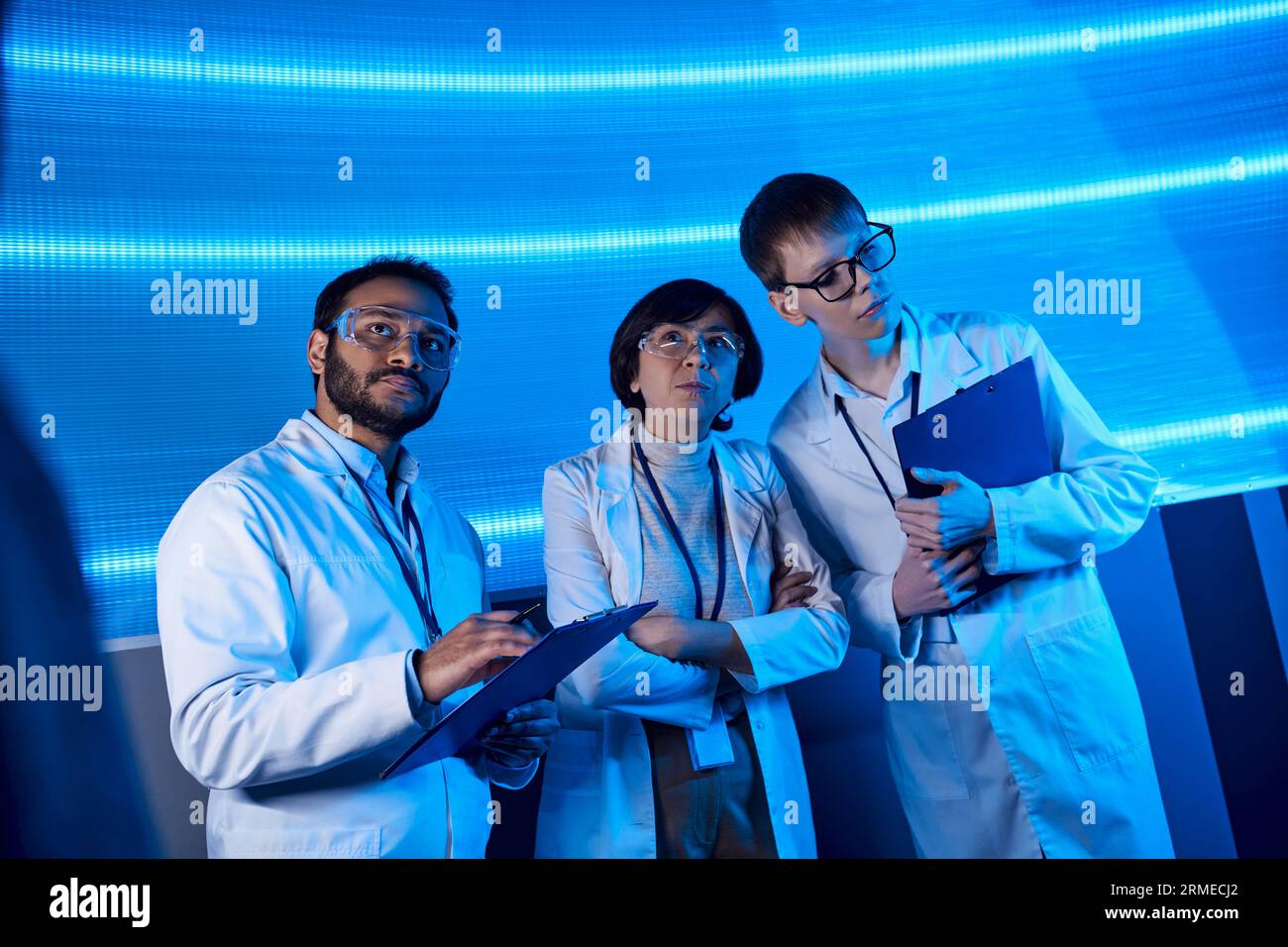 futuristic laboratory, multiethnic scientists working on innovative