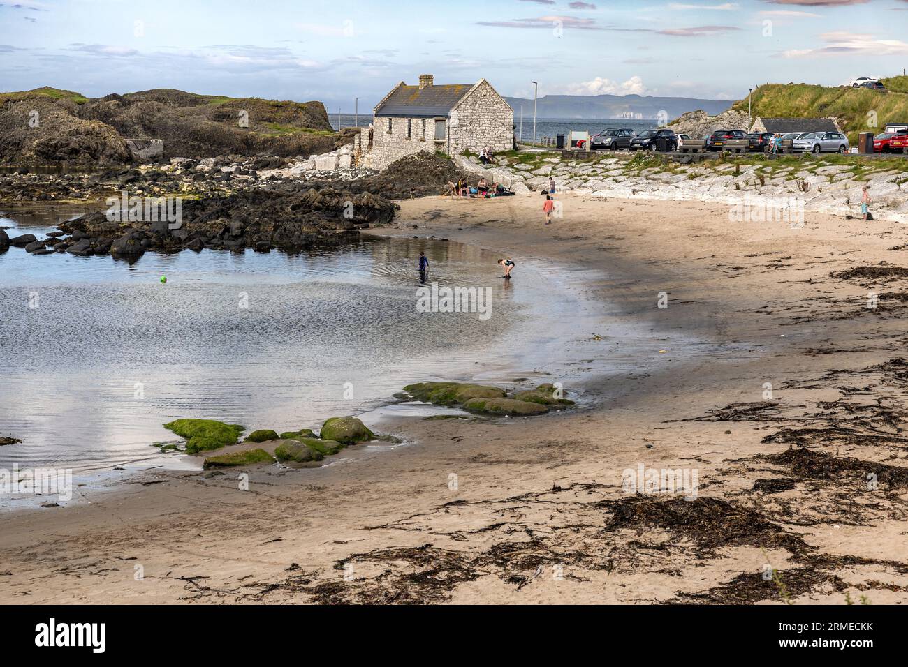 Car Park, Cafe and beach, Ballintoy Harbour, Northern Ireland, UK Stock