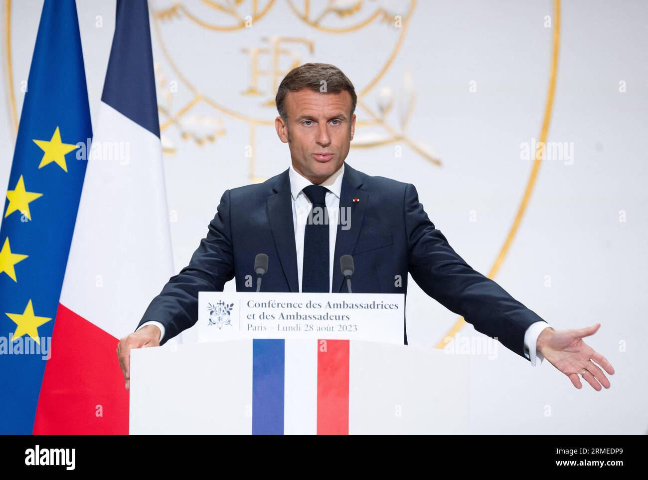 Paris, France. 28th Aug, 2023. French President Emmanuel Macron