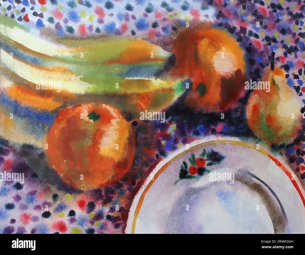 Watercolor still life with fruit and a plate Stock Photo - Alamy