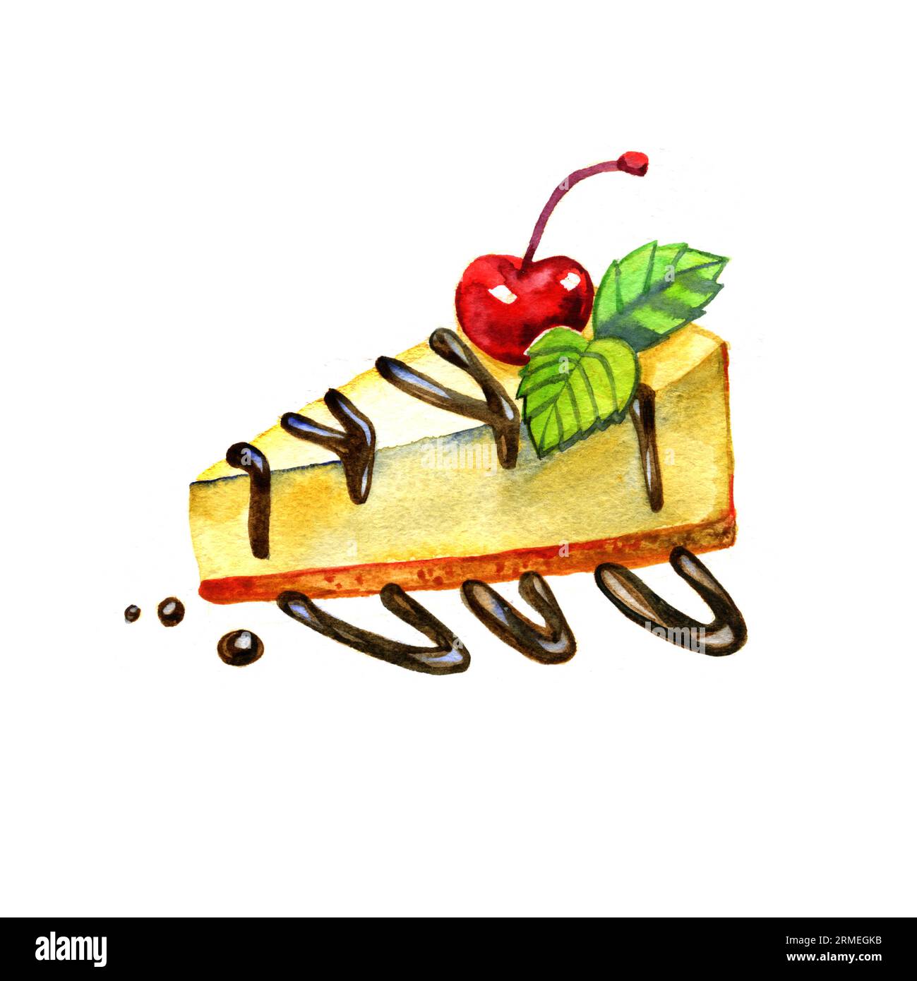 Watercolor sketch cherry cheesecake dessert. Isolated food illustration