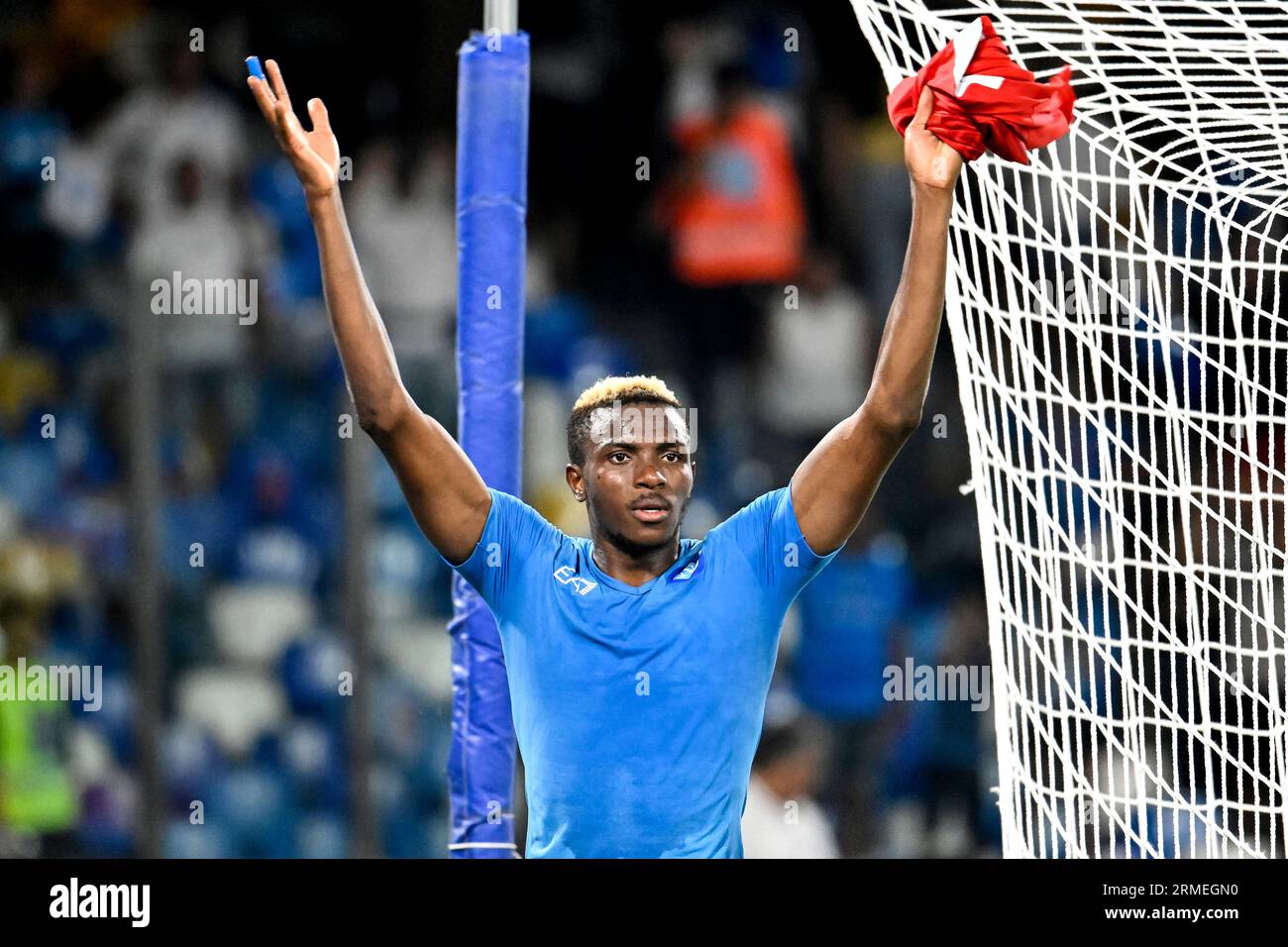 Naples, Italy. 27th Aug, 2023. Victor Osimhen of SSC Napoli celebrates at  the end of the Serie A football match between SSC Napoli and Sassuolo Calcio  at Diego Armando Maradona stadium in