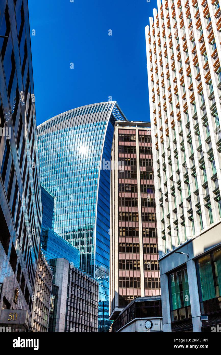 Office buildings and the Walkie Talkie (20 Fenchurch Street) along Fenchurch Street in the City fo London, UK Stock Photo