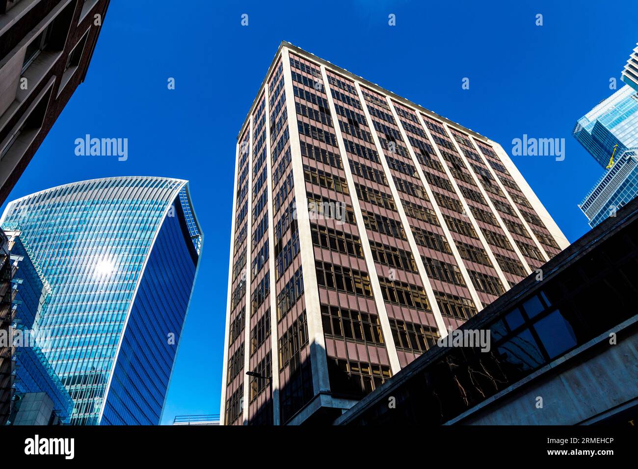 Exterior of 1950s podium tower Fountain House and the Walkie Talkie, Fenchurch Street, London, England Stock Photo