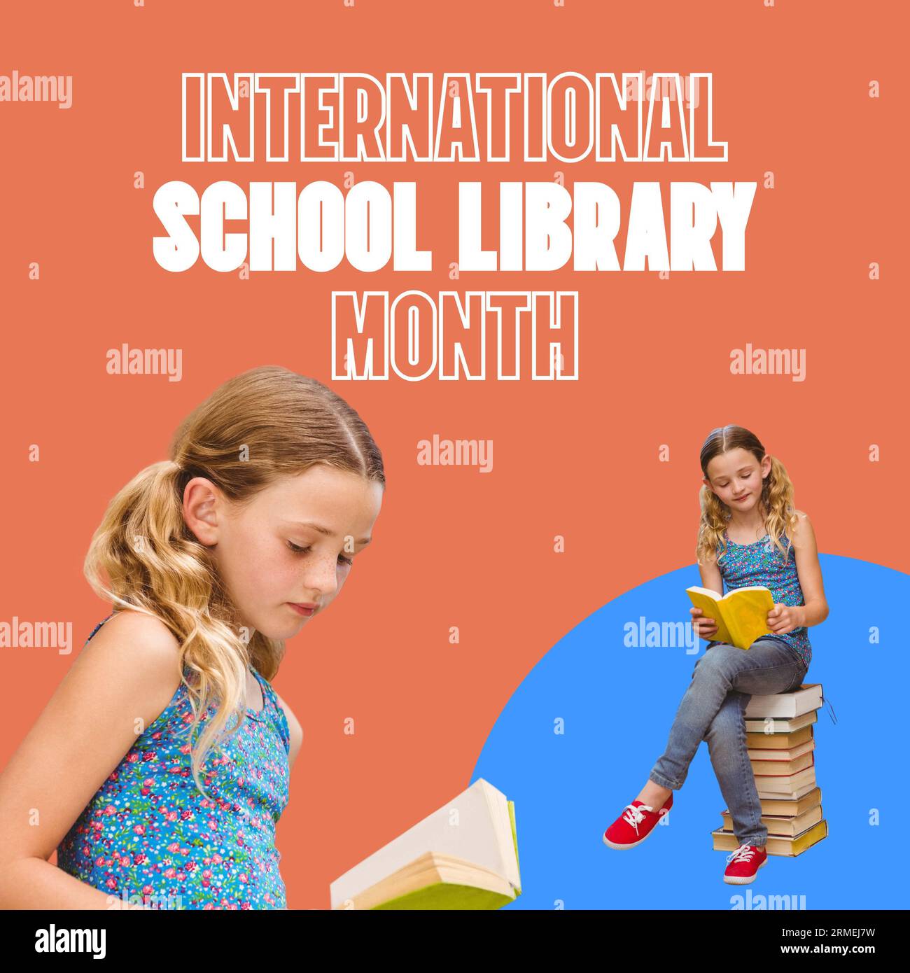 Composite of international school library month text and caucasian girl reading books, copy