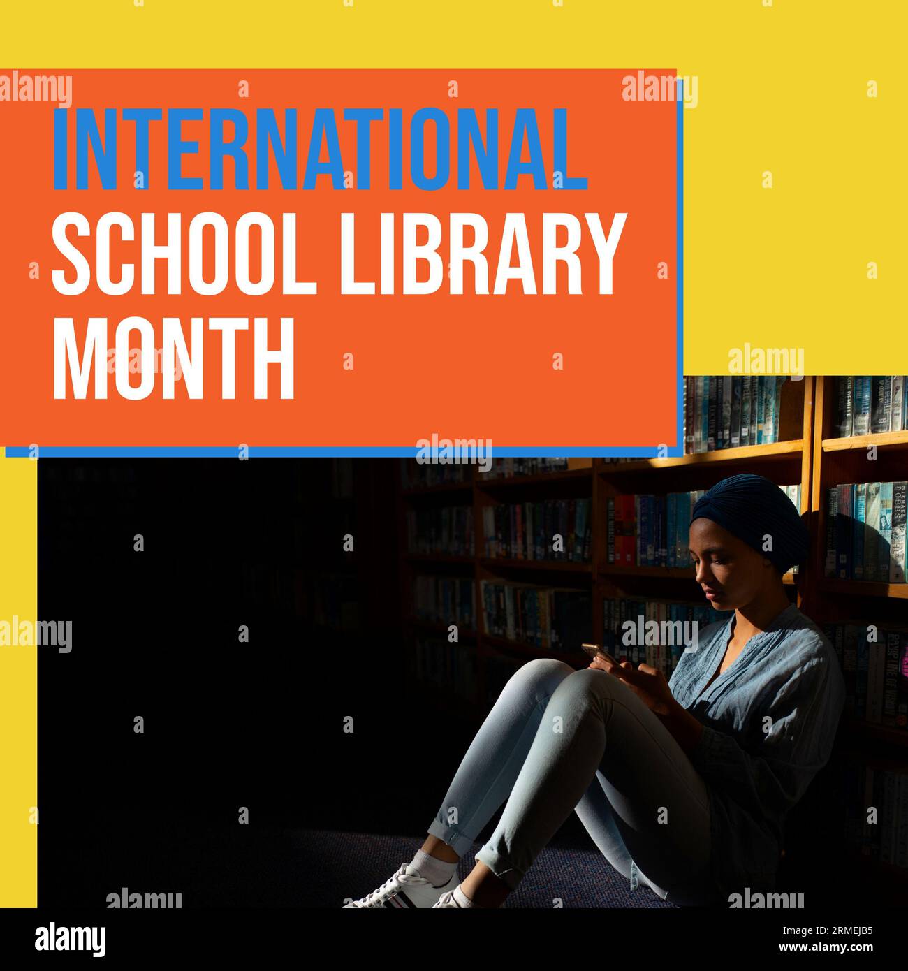Composite of international school library month text and biracial woman in hijab using cellphone Stock Photo