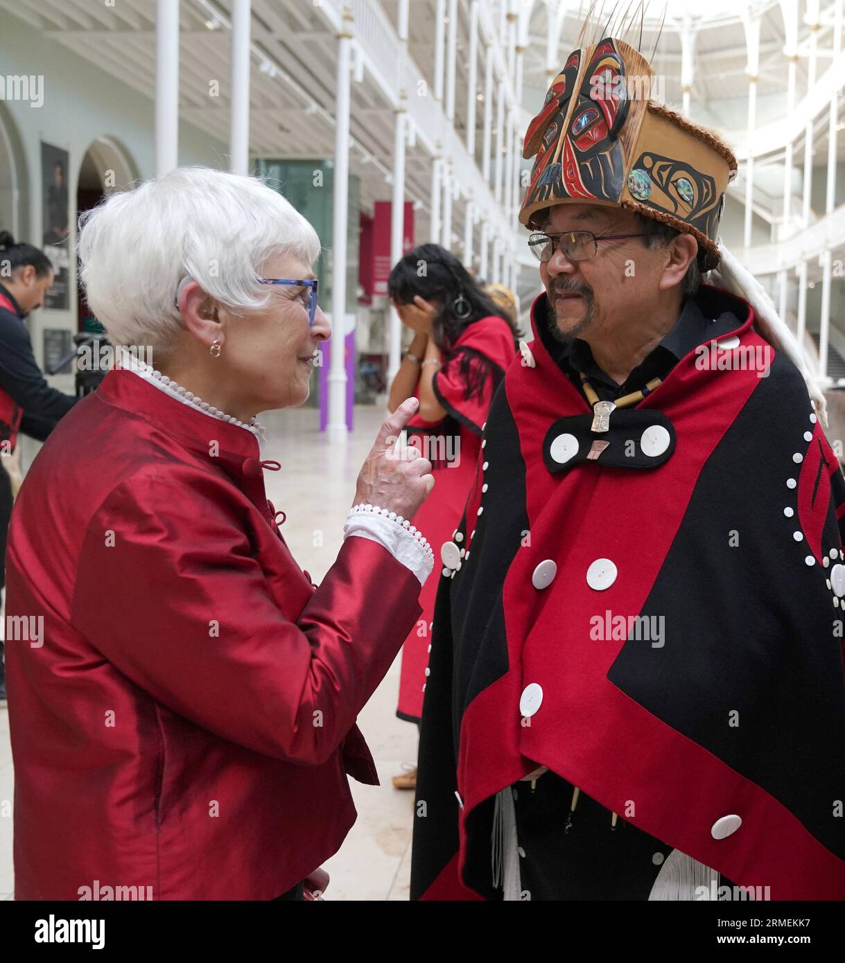 Earl Stephen's(who has the Nisga'a cultural name Chief Ni'is Joohl) with Mary Duncan, Canada's Honour Console to Scotland during a visit to the National Museum of Scotland in Edinburgh, ahead of the return of 11-metre tall memorial pole to what is now British Columbia. The Nisga'a Lisims Government (NLG) and National Museums Scotland (NMS) announced last month that the House of Ni'isjoohl memorial pole will return home to the Nass Valley this September. Picture date: Monday August 28, 2023. Stock Photo