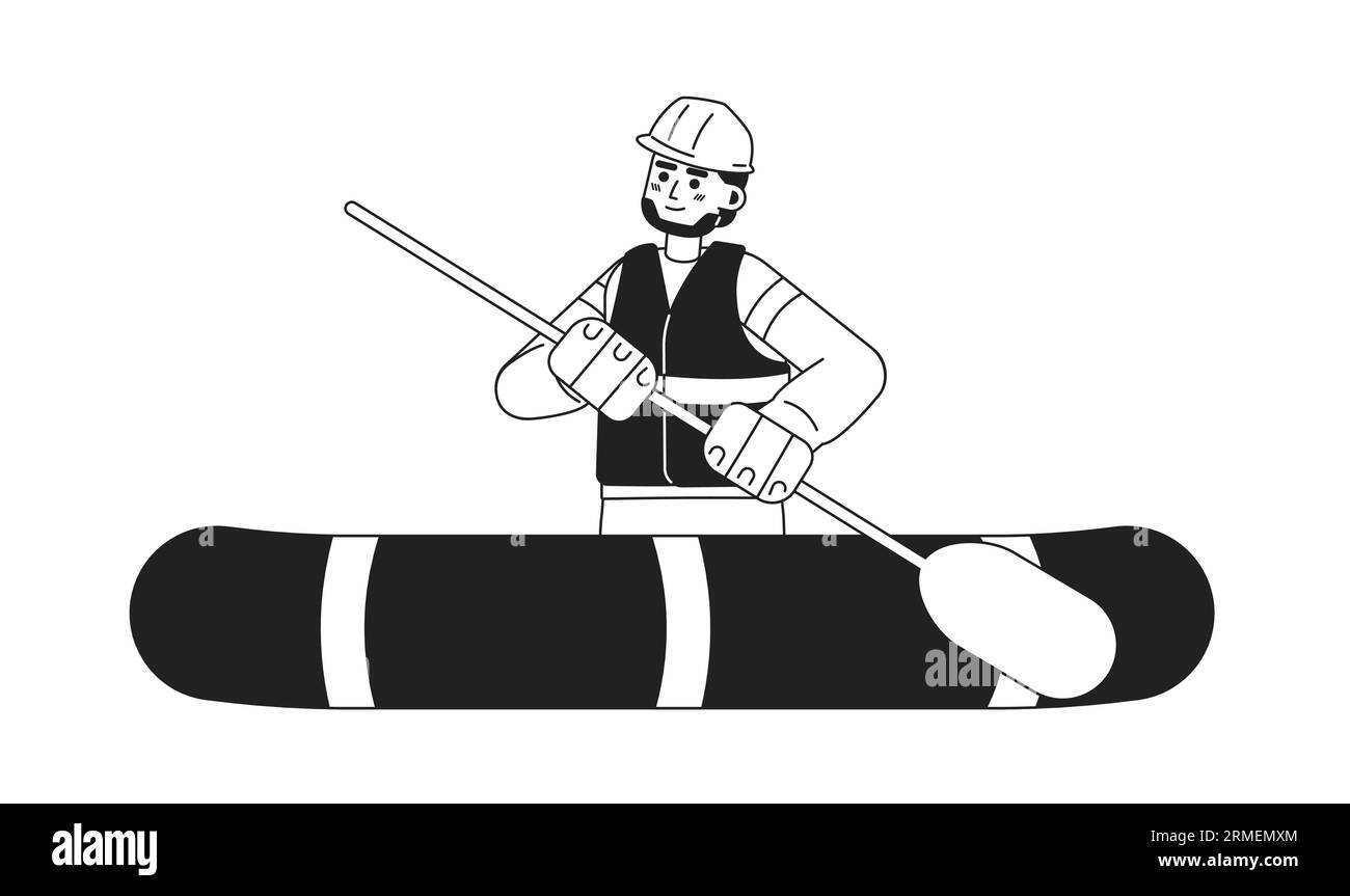 Man on inflatable boat rowing monochrome concept vector spot