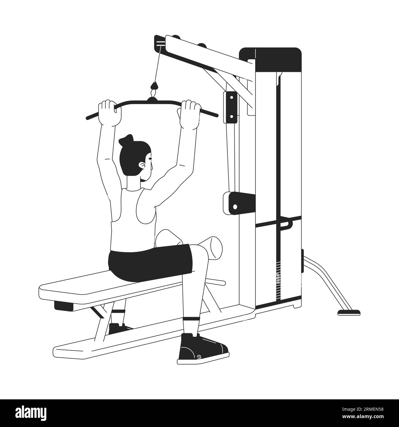 Man holding bar on lat pulldown machine flat line black white vector character Stock Vector
