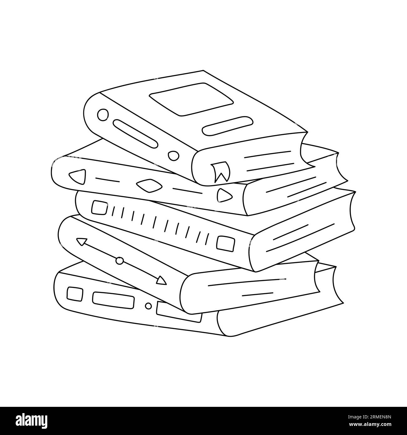 Stack of books with hardcover and book marks. Hand drawn Outline pile of books, textbooks. A symbol of reading, learning, education, science. Black wh Stock Vector