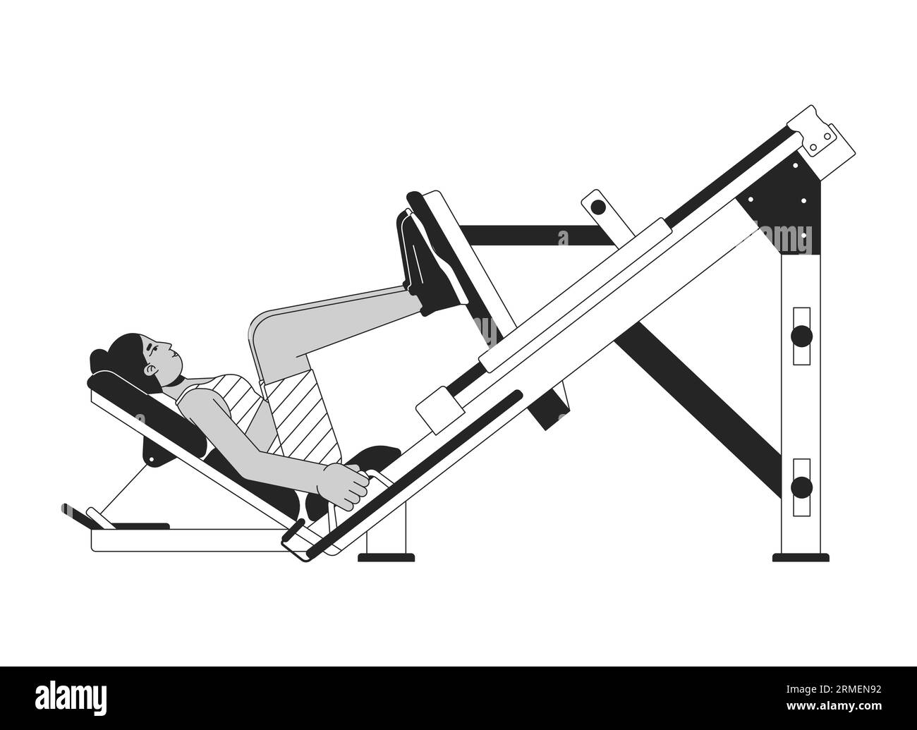 Woman bending knees on leg press machine flat line black white vector