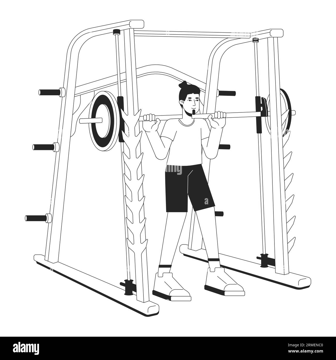 Man holding barbell in smith machine flat line black white vector