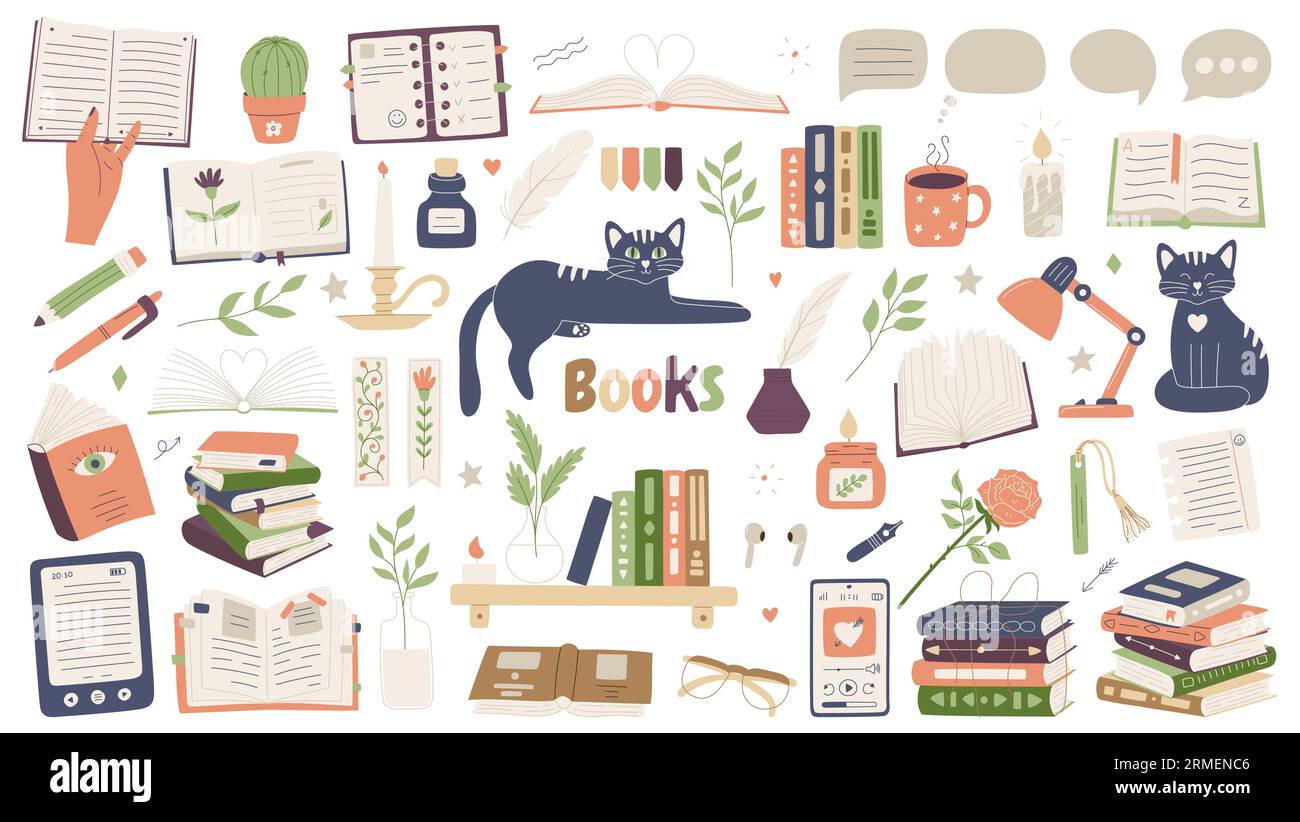 Reading set of books. For reading lovers. Open books, piles, in a stack, glasses, audiobook, ebook, books on shelf, speech bubbles, cats, Flat cartoon Stock Vector