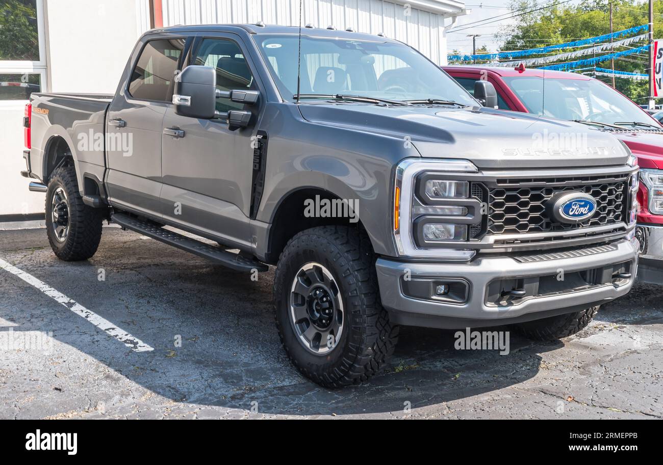 A new four door Ford F350 pickup truck for sale at a dealership n