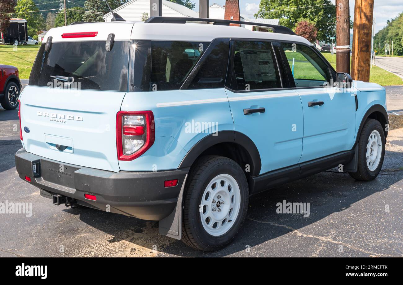 A new, light blue Ford Bronco SUV for sale at a dealership in Warren, Pennsylvania, USA Stock Photo