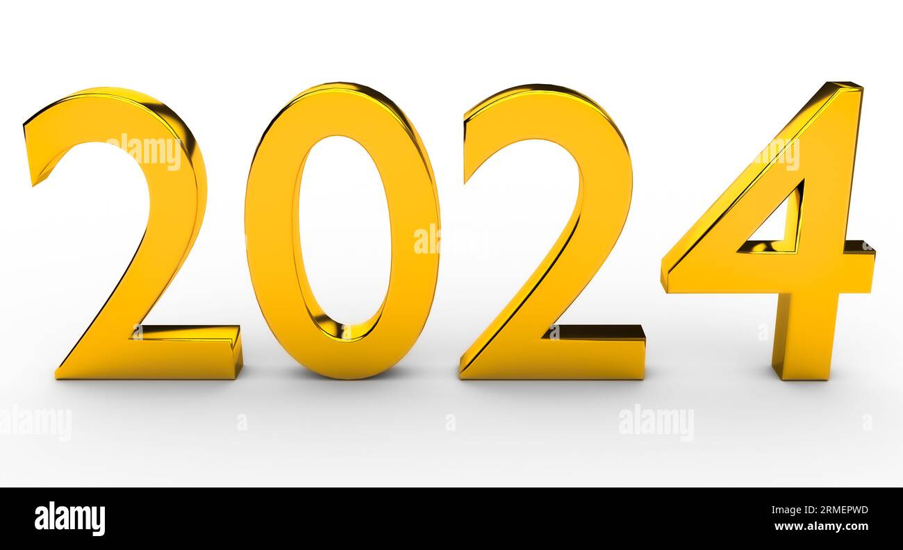 New year holidey concept in golden colors. Number 2024. 3d rendering
