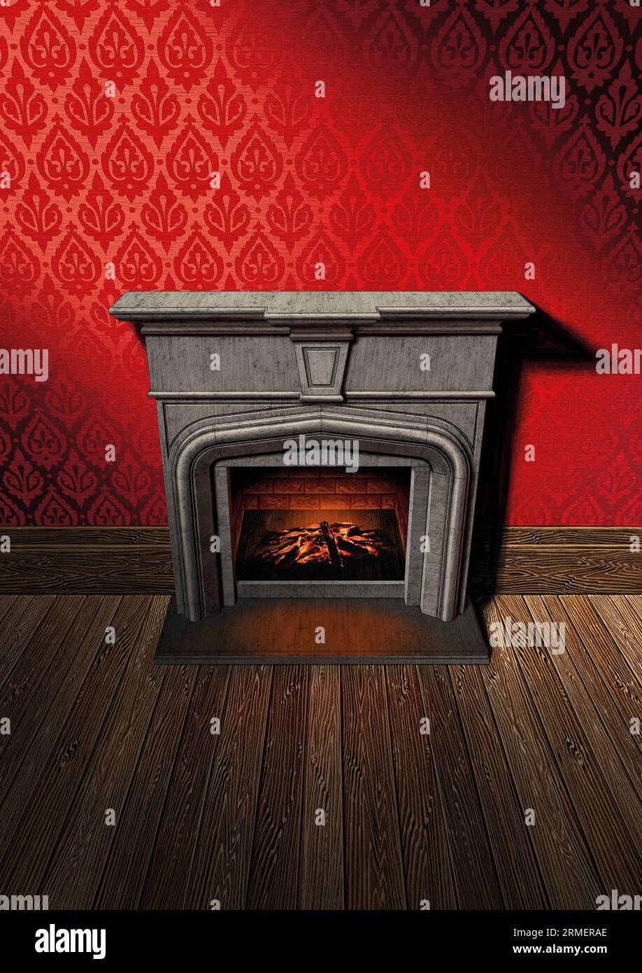 Dramatic Fireplace Inside Antique Mansion with Red Wallpaper Stock Photo