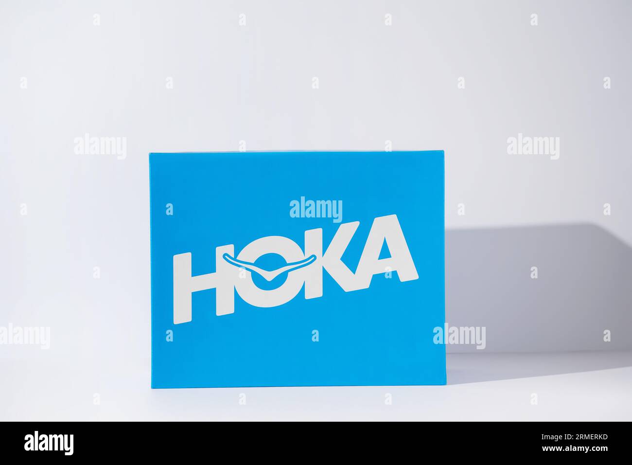 Strasbourg, France - August 2023 : Blue Hoka running shoes shoe box on  white background. Cushioned sneakers new technolgy for sport Stock Photo -  Alamy