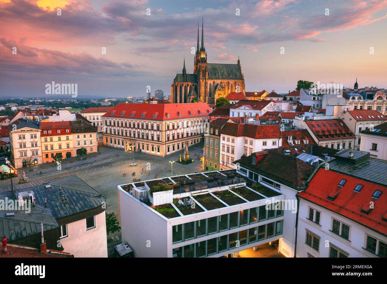 Brno, Czech Republic. Aerial cityscape image of Brno, second largest city in Czech Republic with the Cathedral of St. Peter and Paul at summer sunset. Stock Photo