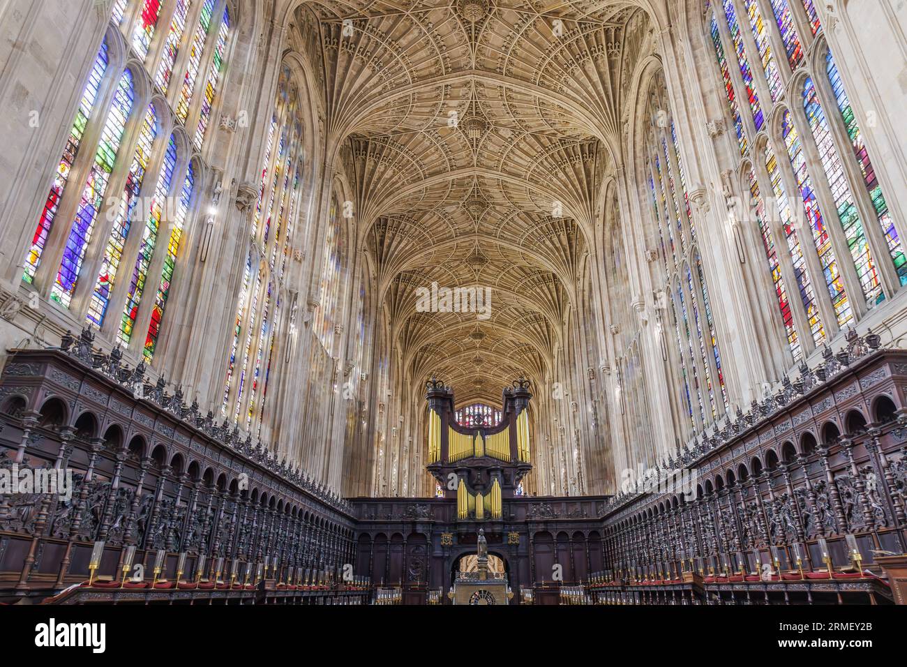 Cambridge, UKMay 22, 2023 View from chorus of interior of King's college chapel, with the pipe
