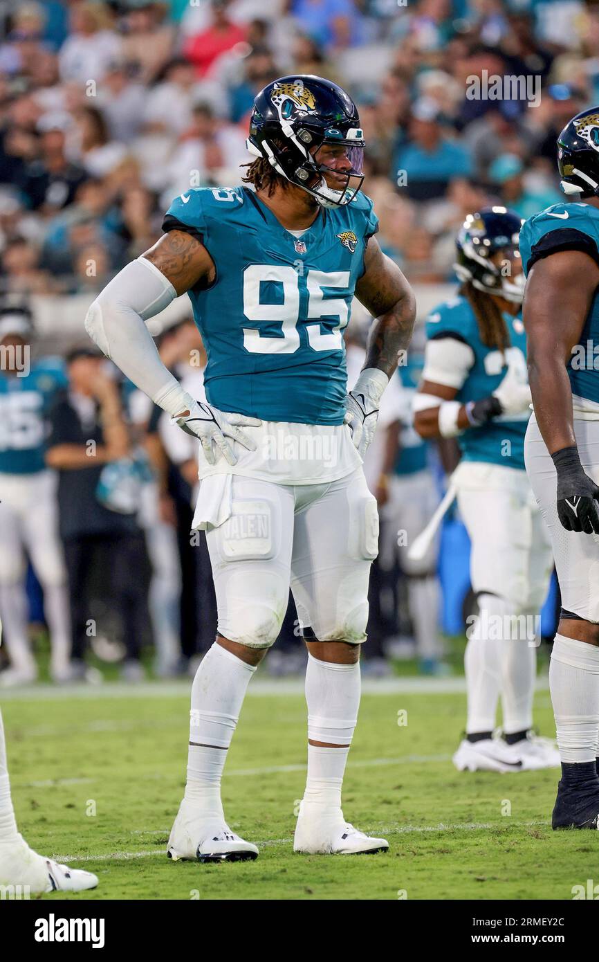 Jacksonville Jaguars defensive end Roy Robertson-Harris (95) walks the  sideline before an NFL football game against the Tennessee Titans,  Saturday, Jan. 7, 2023, in Jacksonville, Fla. The Jaguars defeated the  Titans 20-16. (