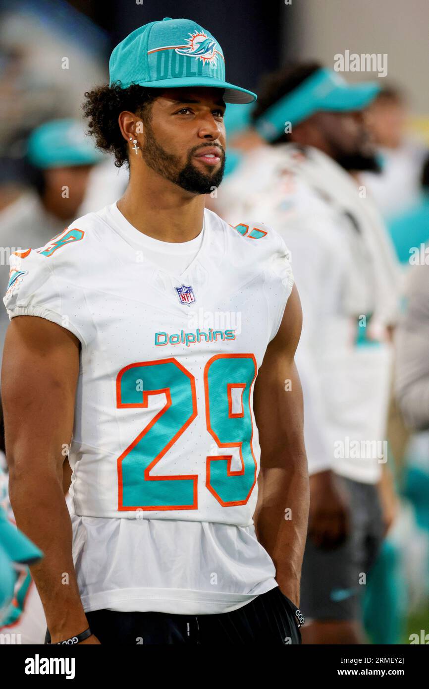 Miami Dolphins safety Brandon Jones (29) walks the sideline